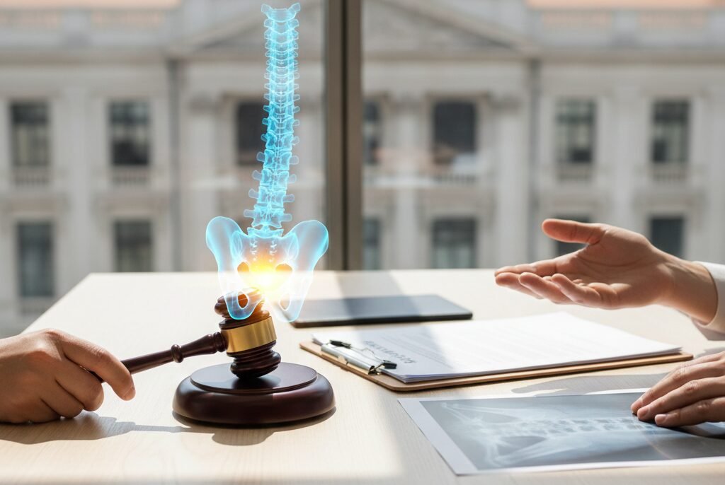 Homem segurando martelo do juiz representando decisão judicial sobre cirurgia de coluna negada pelo plano de saúde