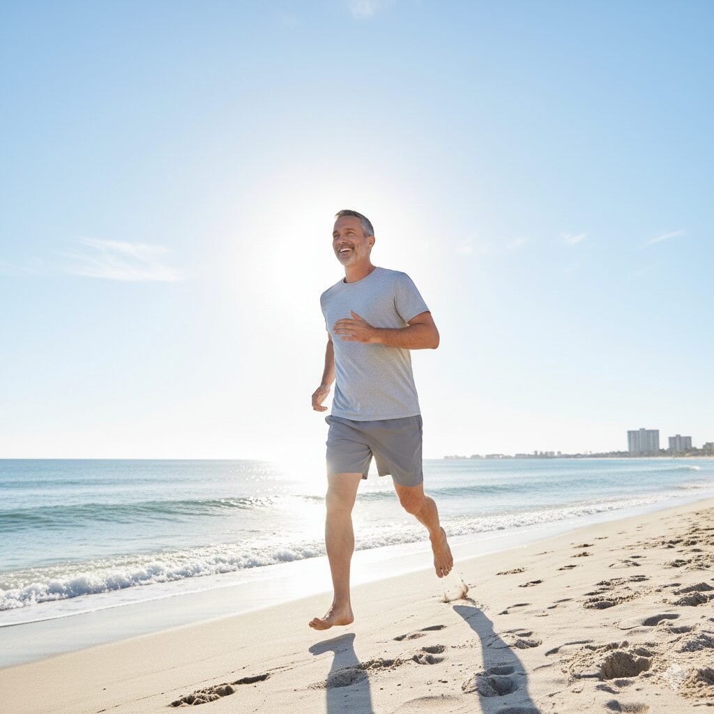 Pessoa correndo com coluna saudável simbolizando recuperação após tratamento adequado.