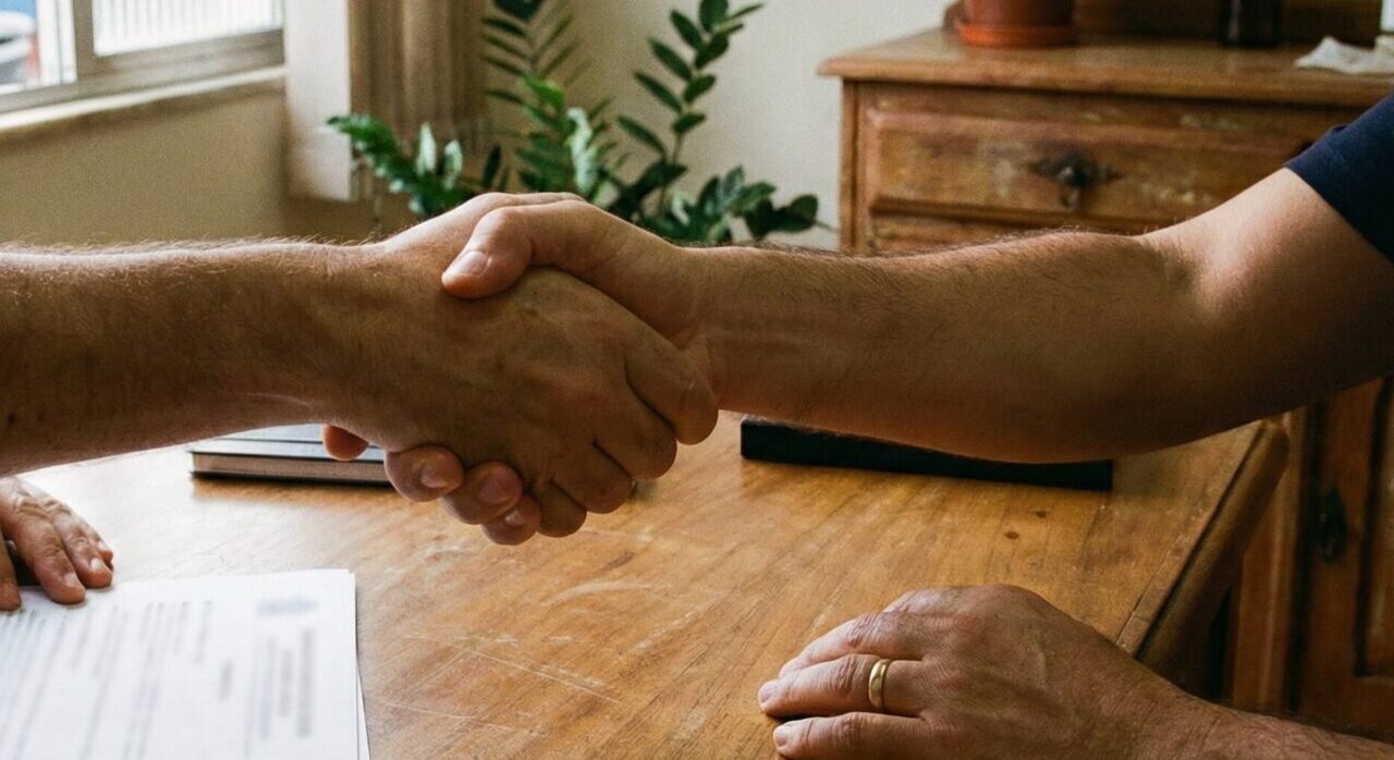 Profissional e paciente apertando as mãos em consultório ao final da consulta.