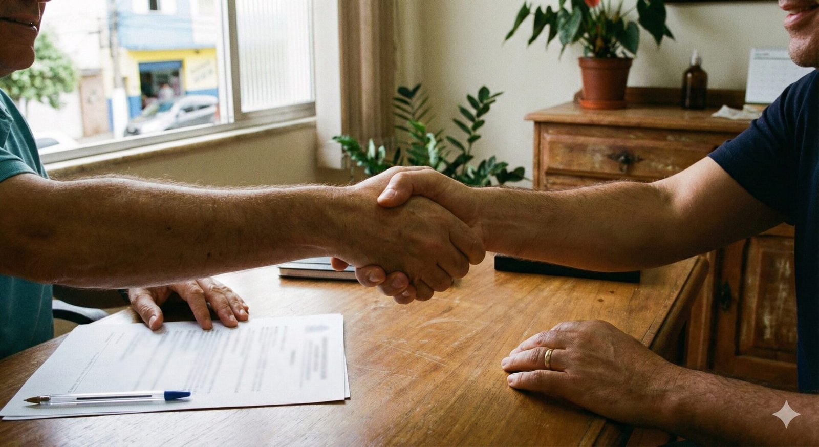 Profissional e paciente apertando as mãos em consultório ao final da consulta.