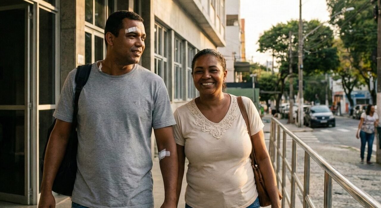 Paciente e familiar deixando hospital brasileiro com aparência aliviada após atendimento.
