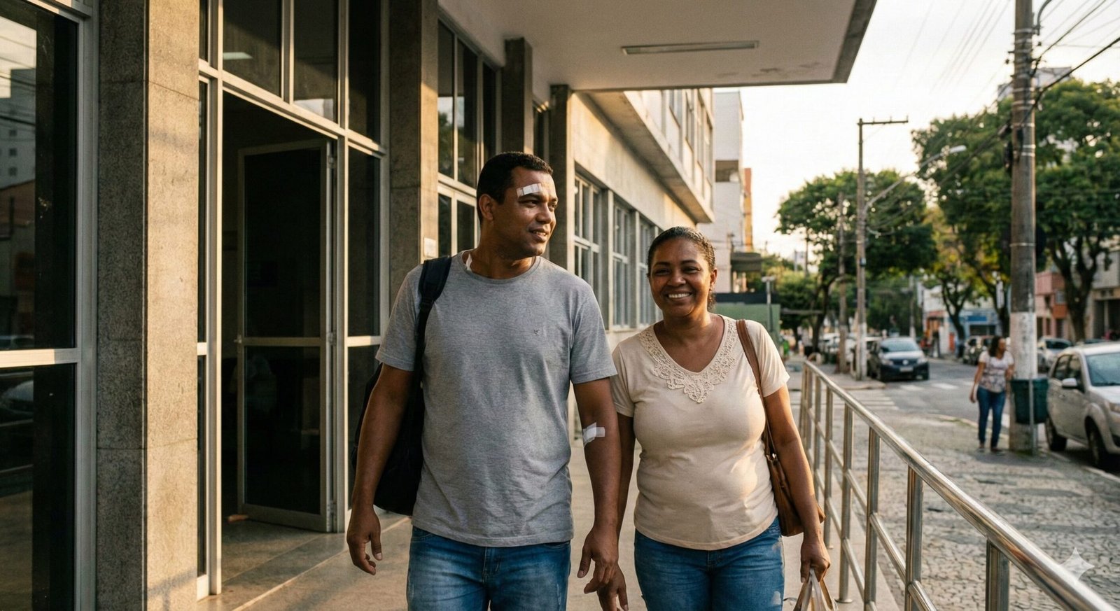 Paciente e familiar deixando hospital brasileiro com aparência aliviada após atendimento.