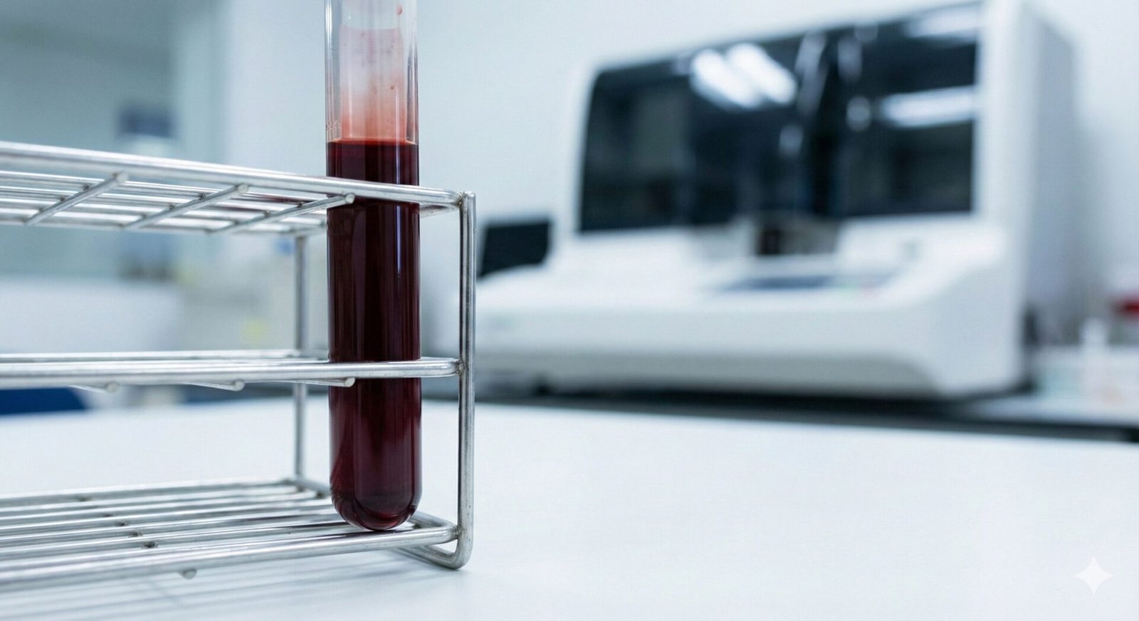 Tubo de sangue em suporte de laboratório ao lado de equipamento de análise.