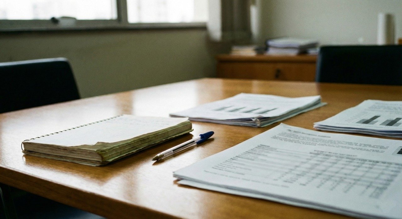 Reunião em mesa com caderno, caneta e documentos, sem pessoas identificáveis
