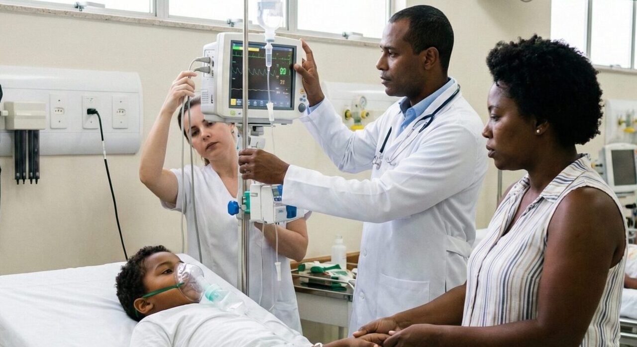 Equipe médica atendendo criança em sala de emergência pediátrica, com monitores e oxigênio.
