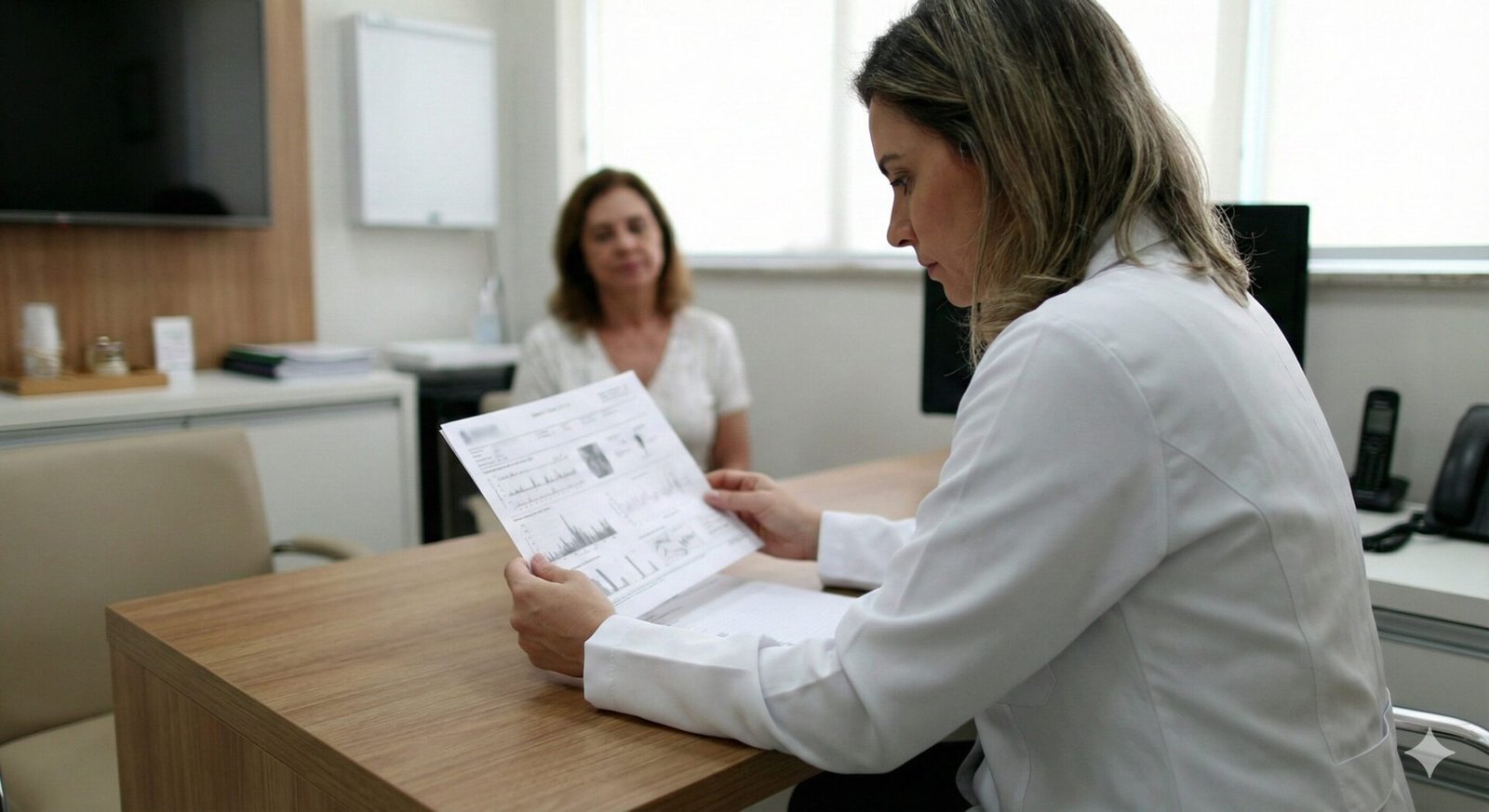 Médico no Brasil analisando laudo de exame genético impresso em consultório.