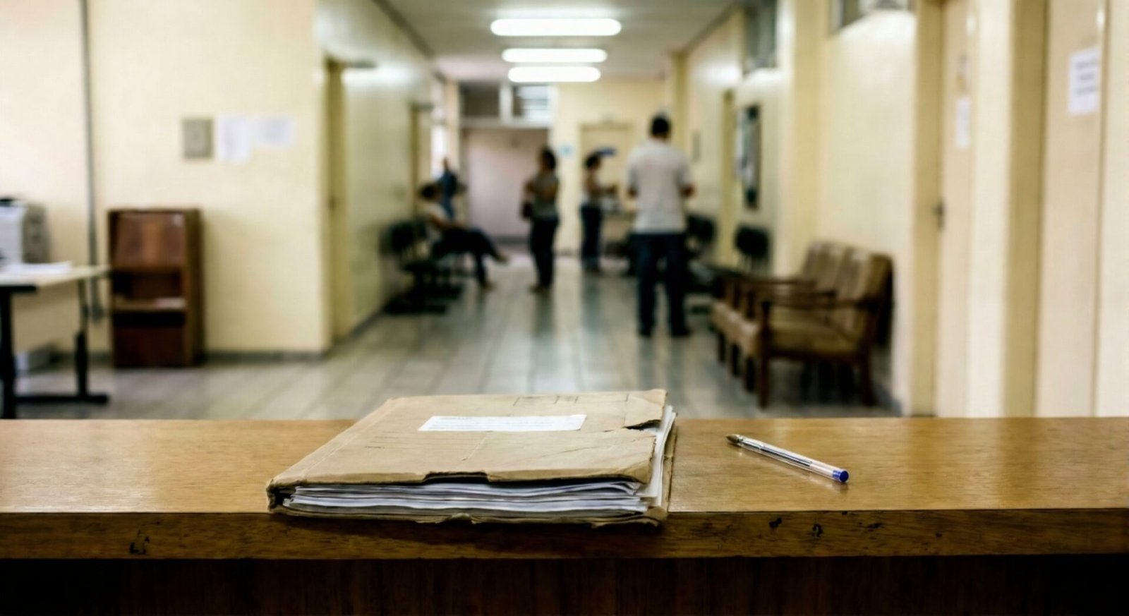 Corredor de fórum ou prédio público desfocado com pasta de documentos em primeiro plano