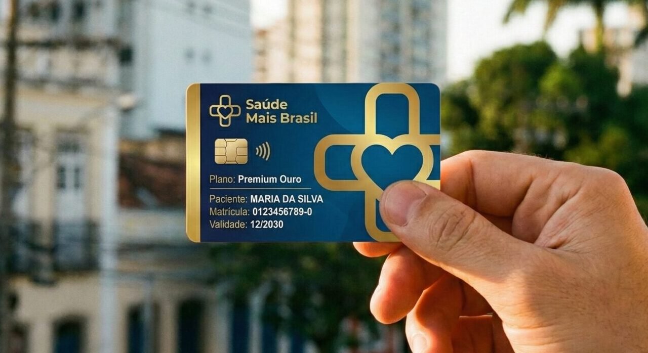 Mão segurando cartão genérico de plano de saúde sem logotipo em ambiente urbano.