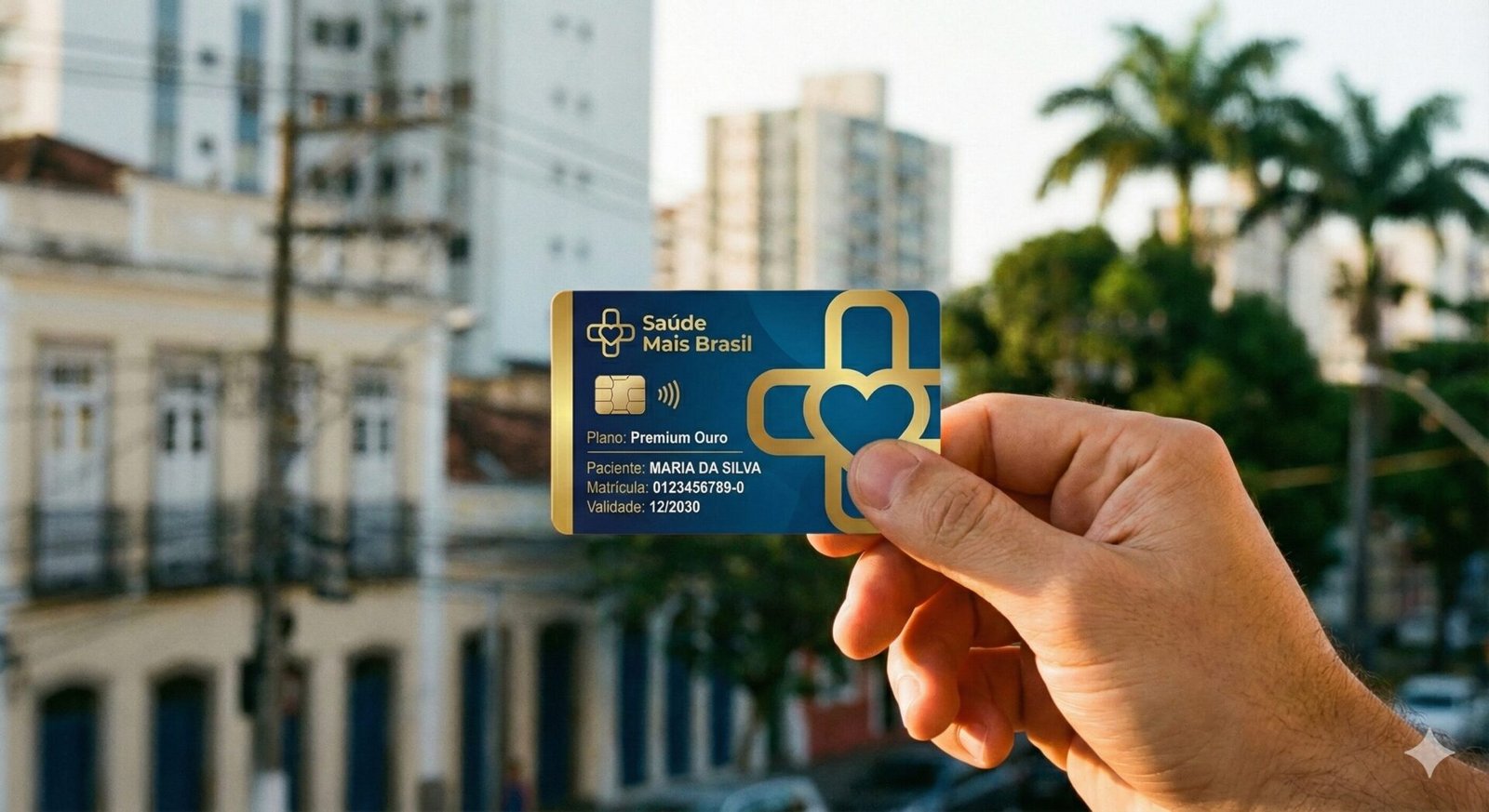 Mão segurando cartão genérico de plano de saúde sem logotipo em ambiente urbano.