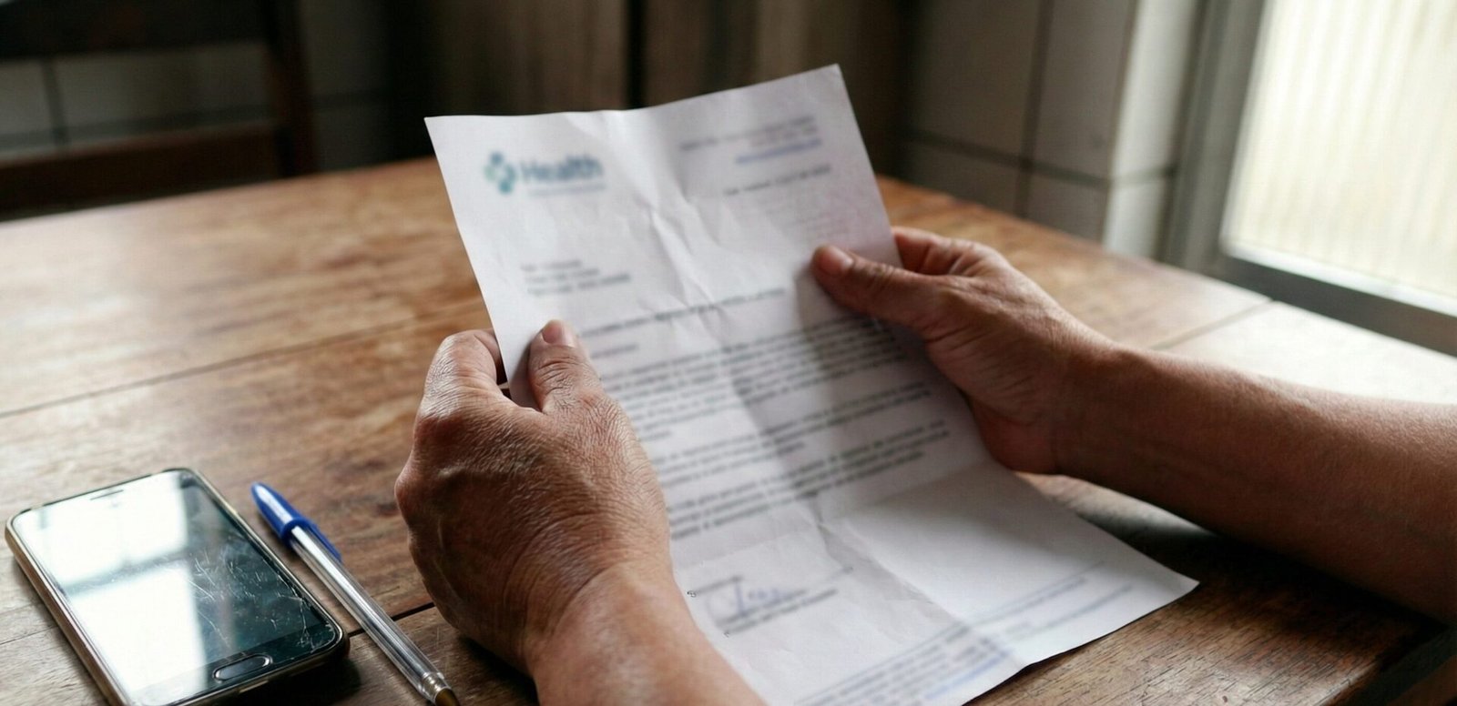 Mãos segurando carta de negativa de plano de saúde em ambiente doméstico.