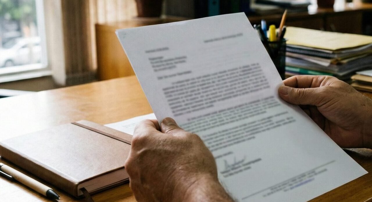 Pessoa segurando carta de negativa de plano de saúde em mesa de trabalho, documento desfocado.