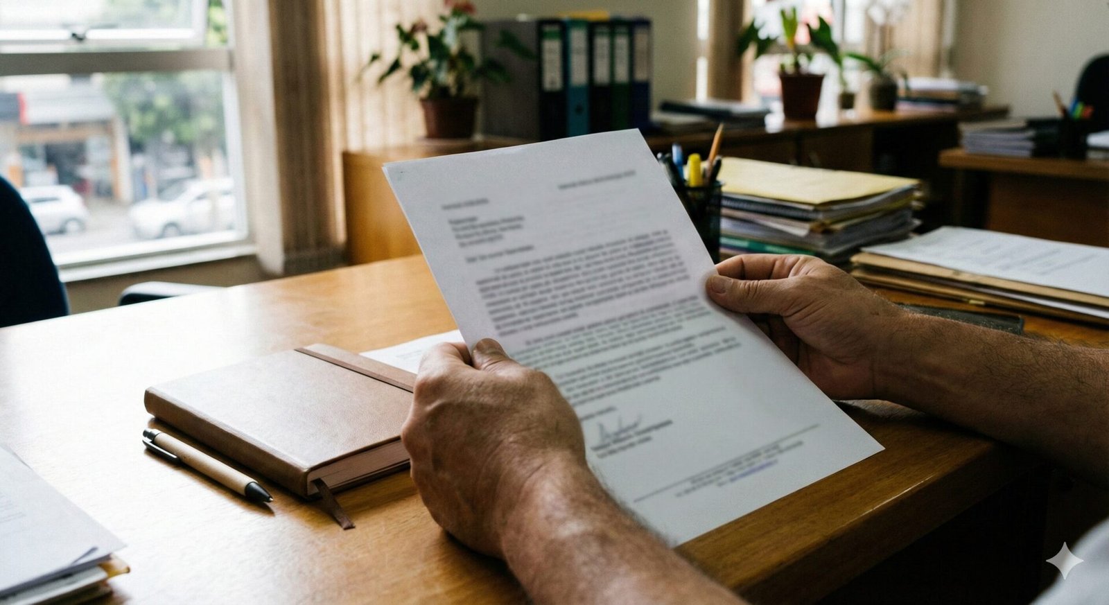 Pessoa segurando carta de negativa de plano de saúde em mesa de trabalho, documento desfocado.