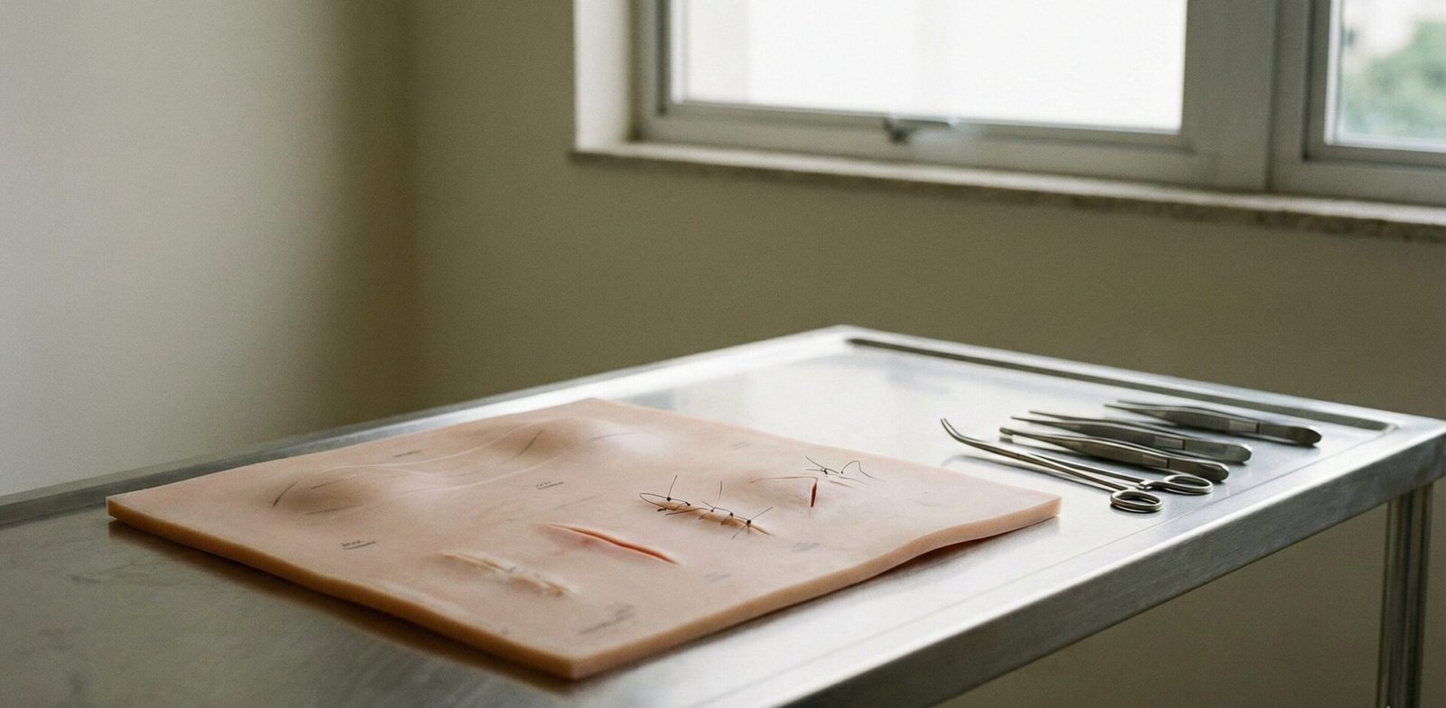 Silhueta de torso com marcações suaves em pele artificial de treinamento, sem texto e sem rosto