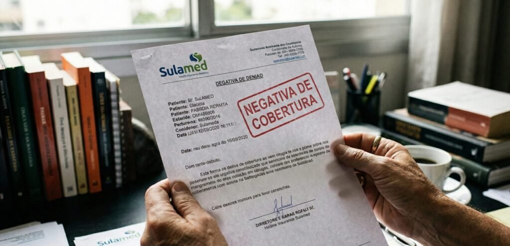 Paciente segurando documento de negativa de plano de saúde.
