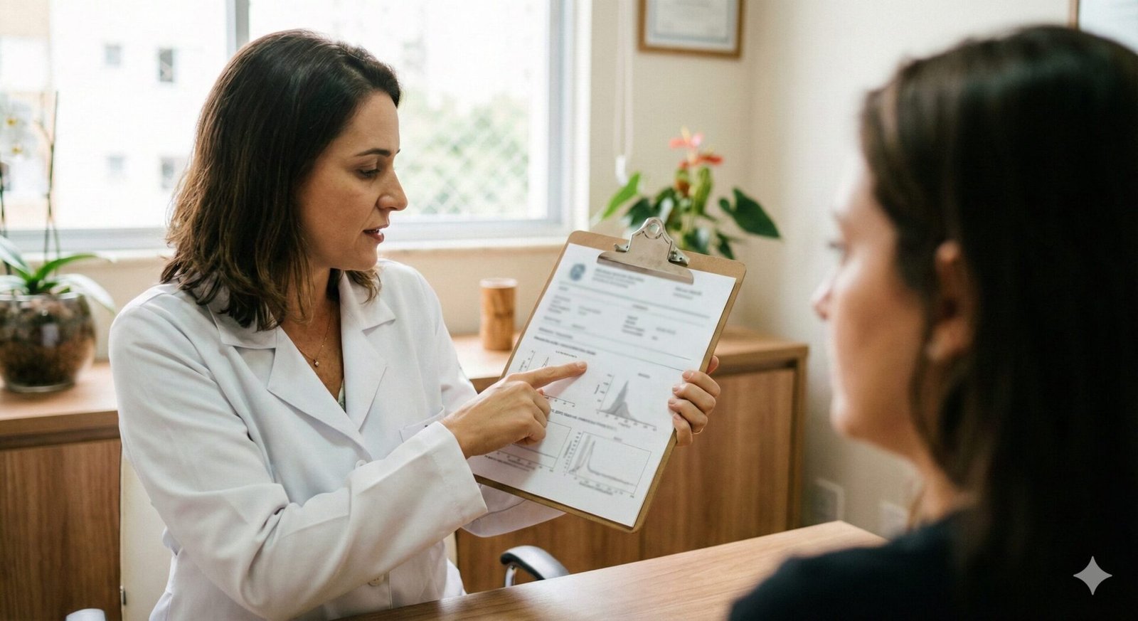 Médica brasileira mostrando resultado de exame a paciente em consultório.