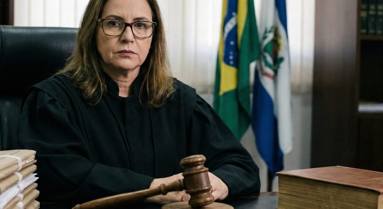 Juiz ou juíza brasileiro(a) com martelo e pilha de processos sobre plano de saúde em mesa de audiência.