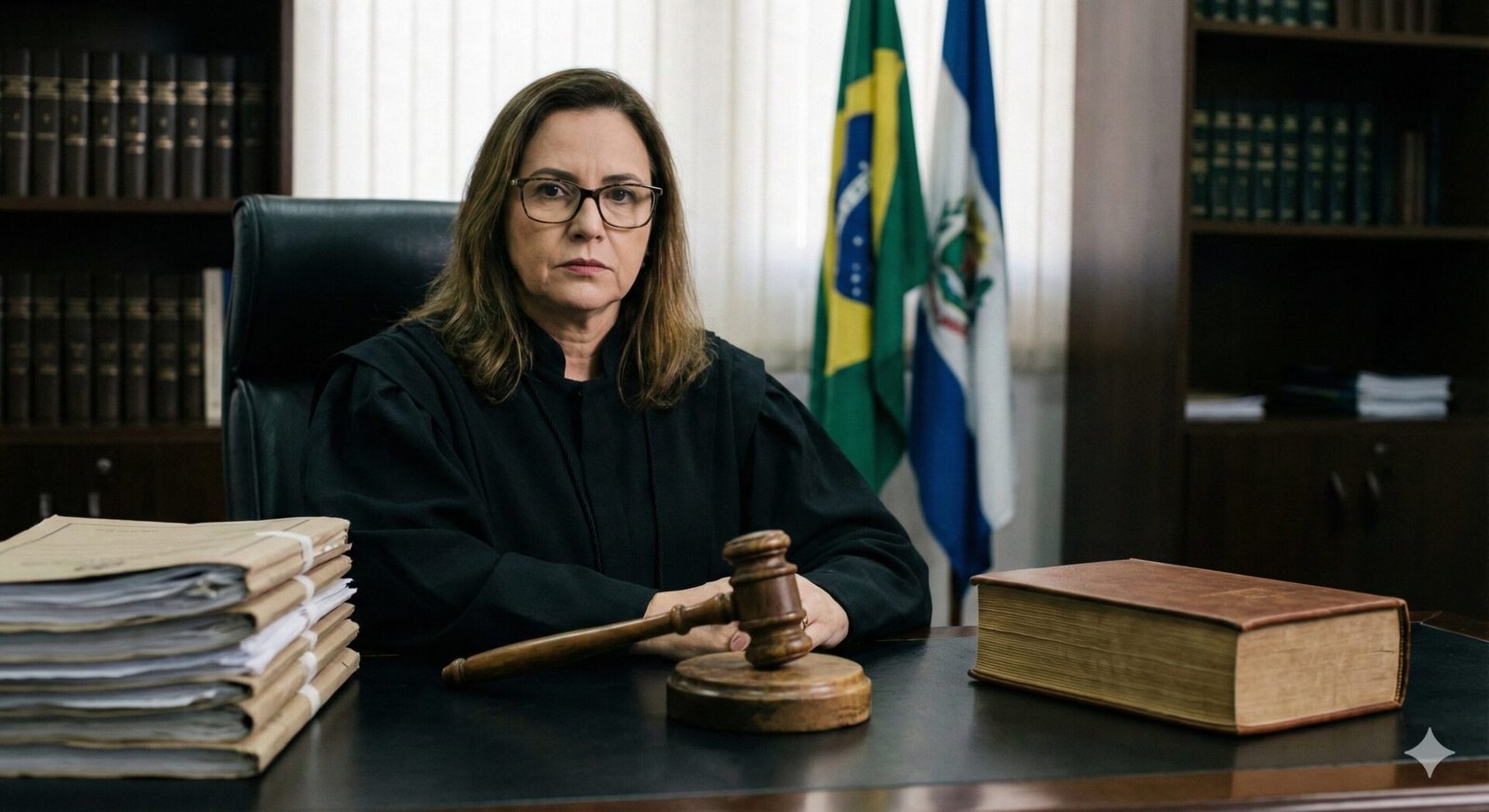 Juiz ou juíza brasileiro(a) com martelo e pilha de processos sobre plano de saúde em mesa de audiência.