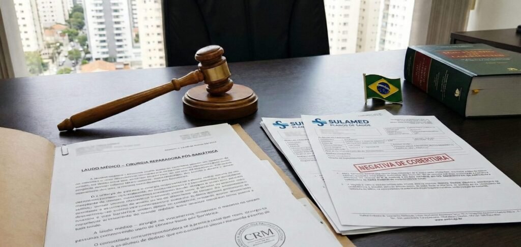 Martelo do juiz e documentos médicos sobre cirurgia reparadora pós-bariátrica.