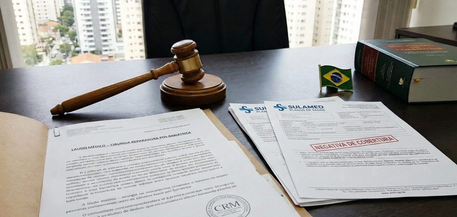 Martelo do juiz e documentos médicos sobre cirurgia reparadora pós-bariátrica.