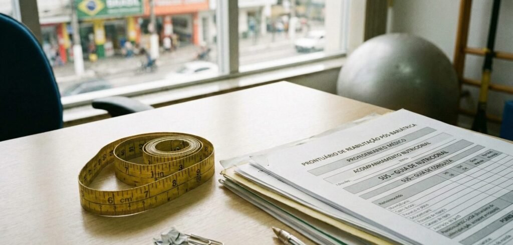 Fita métrica e laudos médicos representando reabilitação pós-bariátrica.