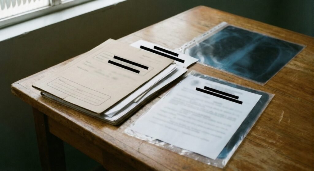 Pasta com exames e laudos médicos sobre mesa, sem nomes visíveis