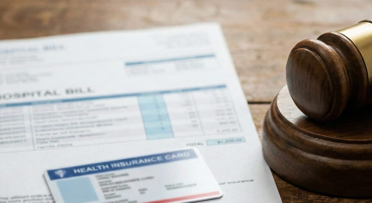 Conta hospitalar sobre a mesa, ao lado de martelo de juiz e cartão de plano de saúde, sem texto visível.