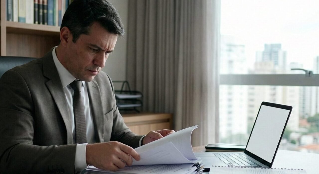 Advogado brasileiro analisando contrato de plano de saúde em escritório, com carimbo negado simbolizado apenas por expressão facial.