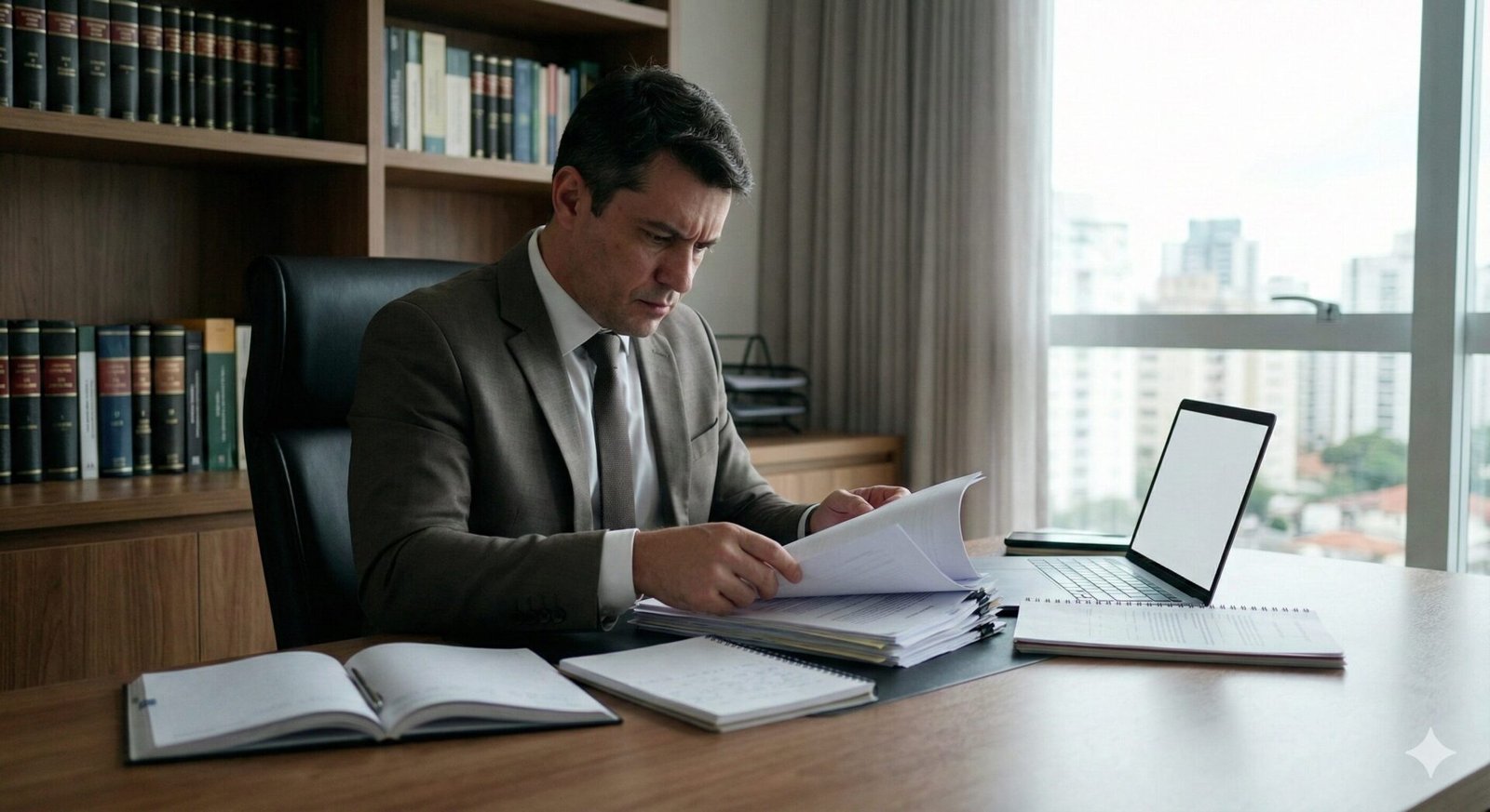 Advogado brasileiro analisando contrato de plano de saúde em escritório, com carimbo negado simbolizado apenas por expressão facial.