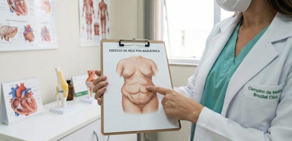 Médica demonstrando estrutura abdominal com excesso de pele sem mostrar rostos, ilustrando necessidade de cirurgia reparadora pós-bariátrica