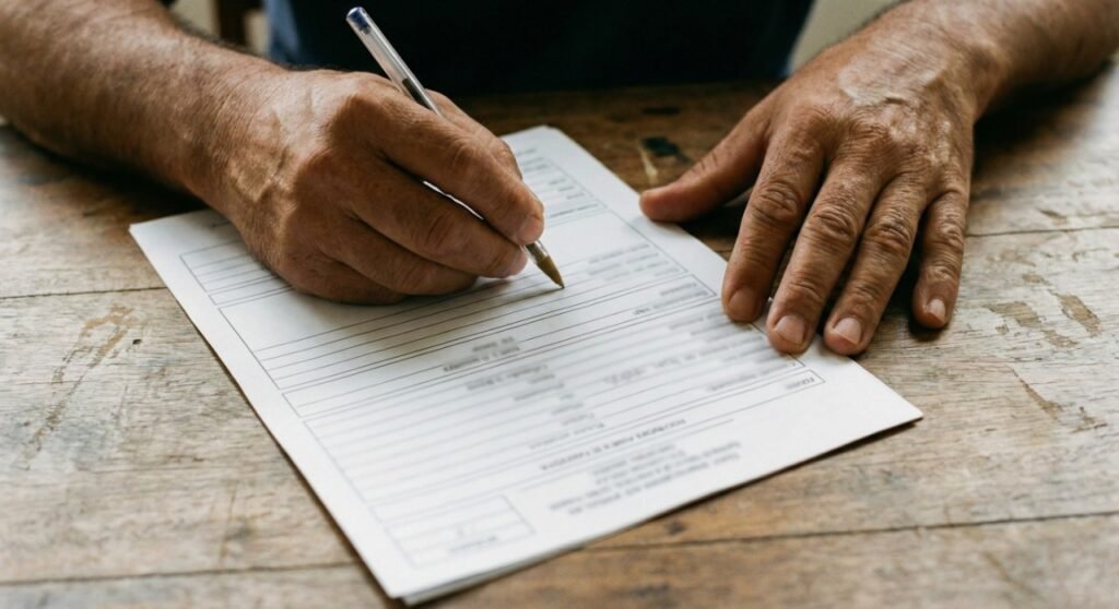 Pessoa preenchendo formulário com caneta, sem rosto e sem texto legível