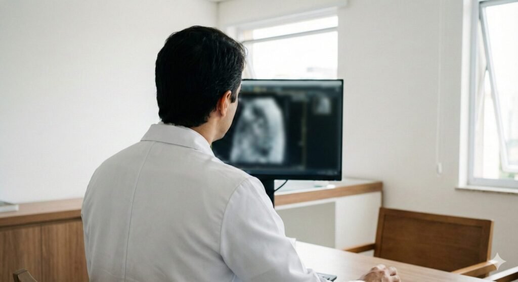 Médico de costas analisando exame em sala, sem rosto visível