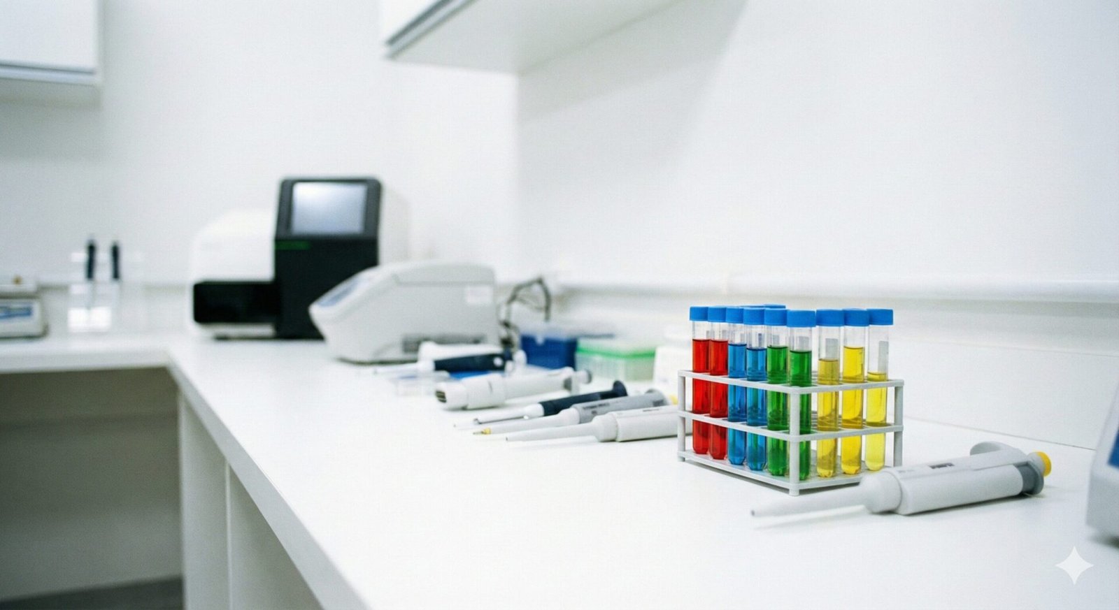 Equipamentos de laboratório de genética em bancada de laboratório brasileiro.