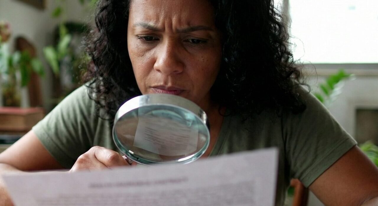 Pessoa brasileira lendo contrato de plano de saúde com lupa sobre cláusulas, em ambiente doméstico.