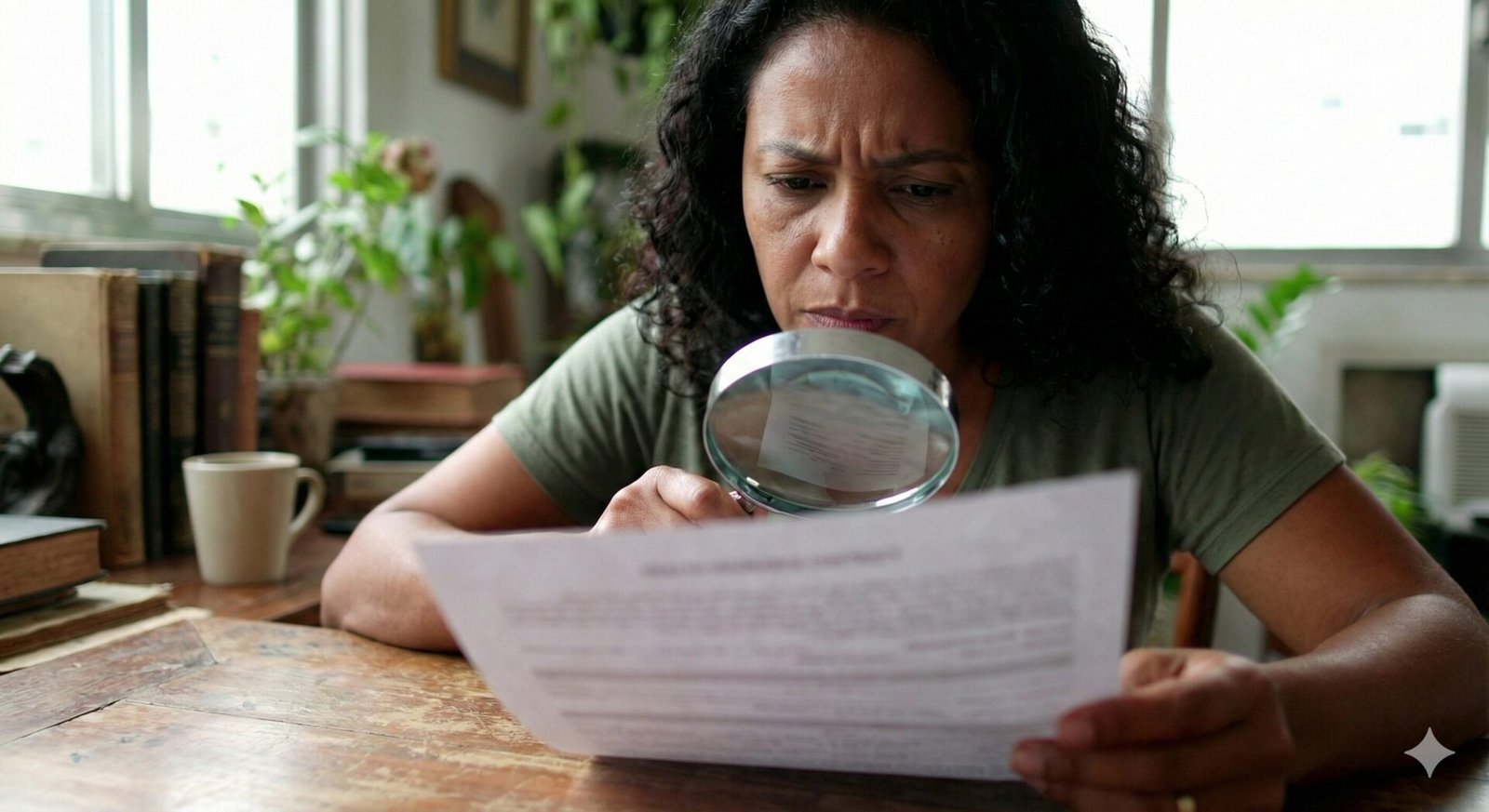 Pessoa brasileira lendo contrato de plano de saúde com lupa sobre cláusulas, em ambiente doméstico.