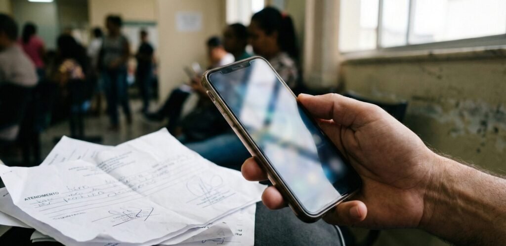 Mão segurando celular com tela desfocada e papéis ao lado, sem texto visível