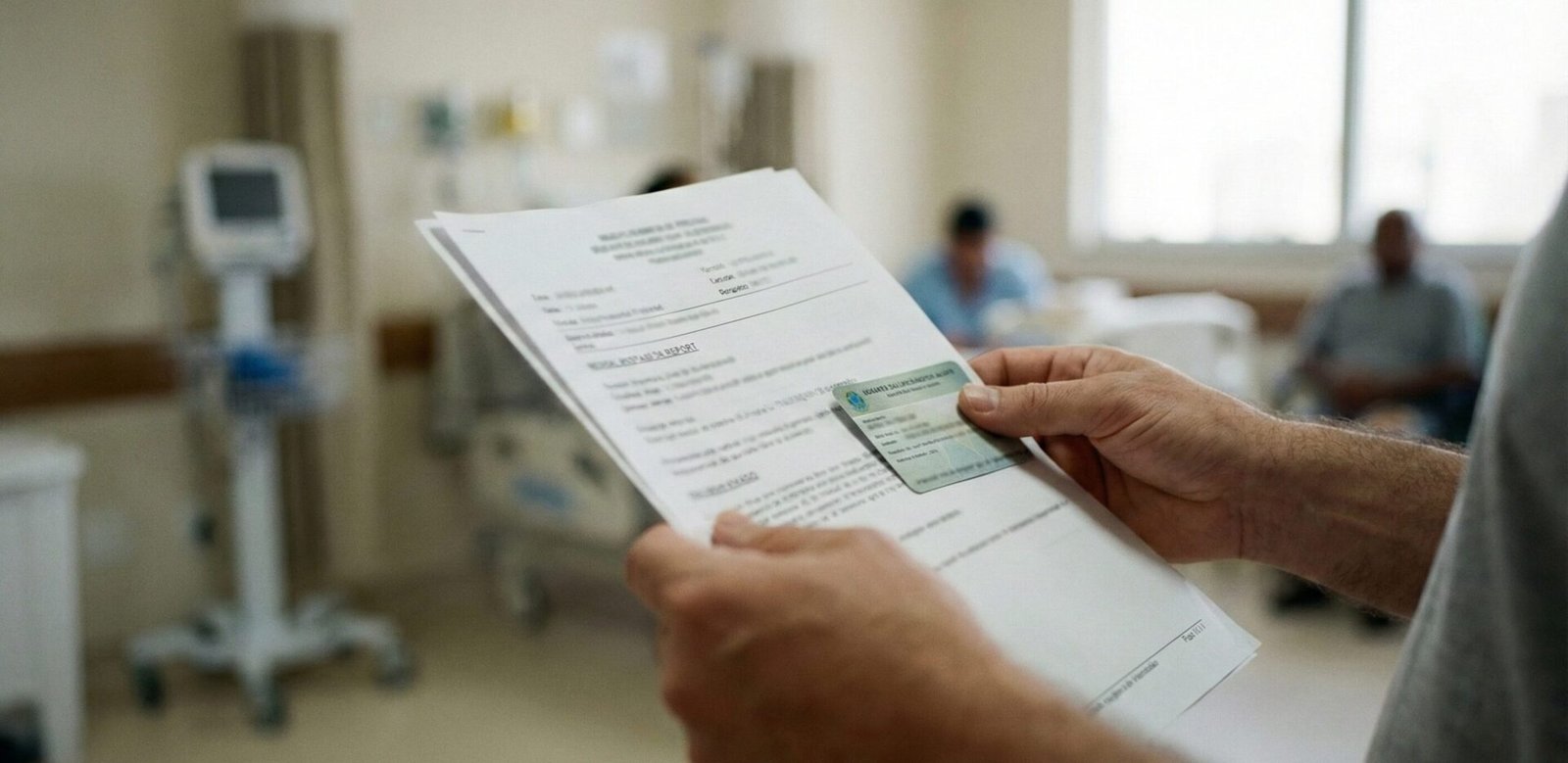 Paciente em ambiente hospitalar segurando relatório médico, sem rosto visível, clima sóbrio e realista Título da imagem: Negativa de cirurgia bariátrica pelo plano de saúde