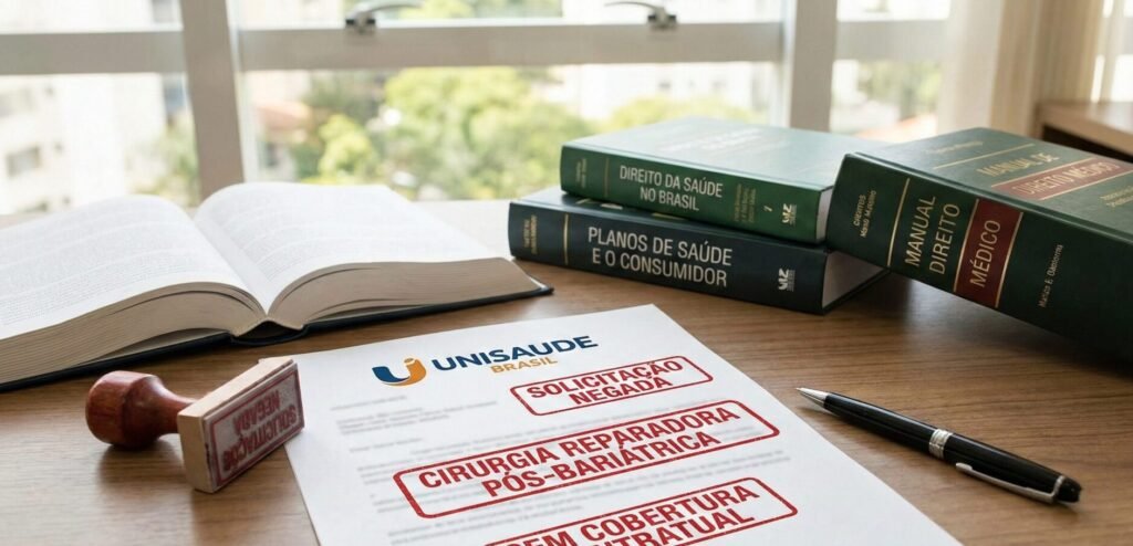 Contrato de plano de saúde em mesa com marcações indicando negativa de cirurgia reparadora pós-bariátrica.