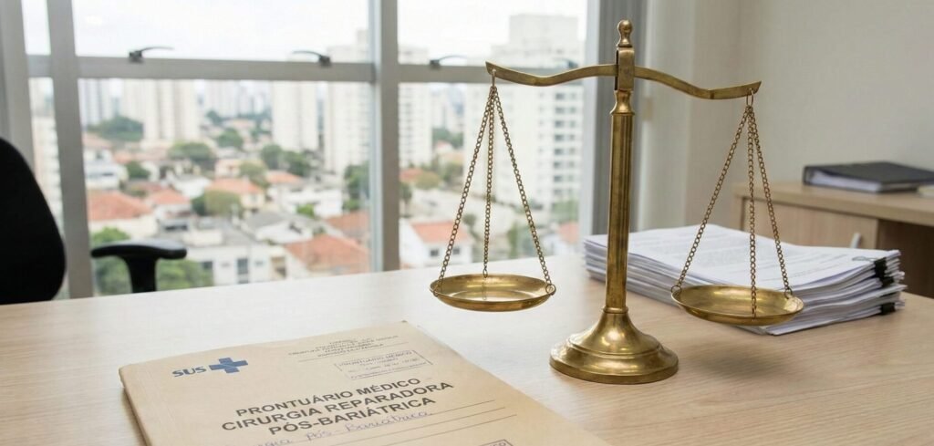 Balança da justiça ao lado de prontuário médico sobre cirurgia reparadora pós-bariátrica.