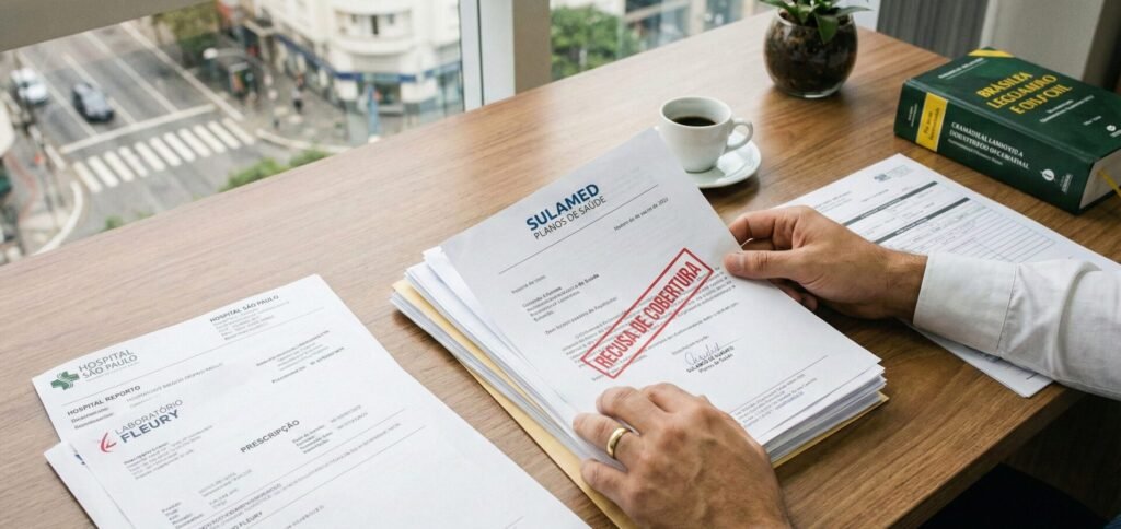 Mãos organizando laudos médicos e relatório de negativa em mesa.