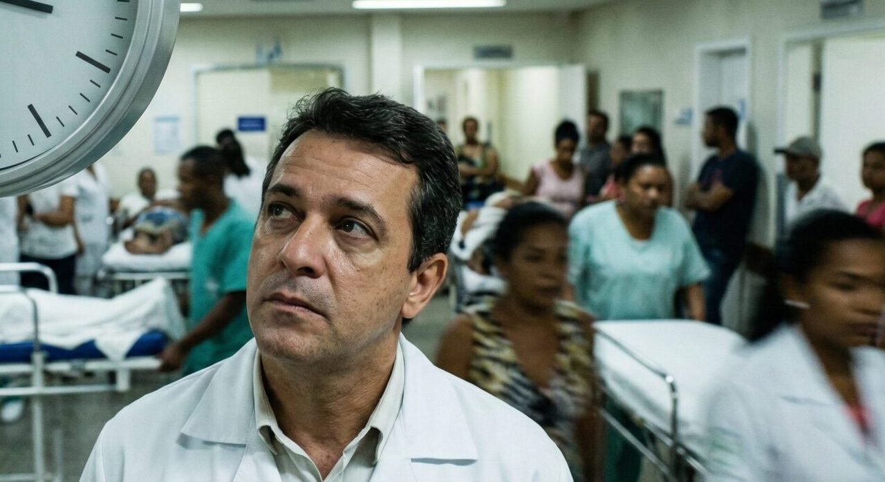 Médico brasileiro olhando para relógio de parede em ala de emergência, simbolizando o prazo de 24 horas de carência.