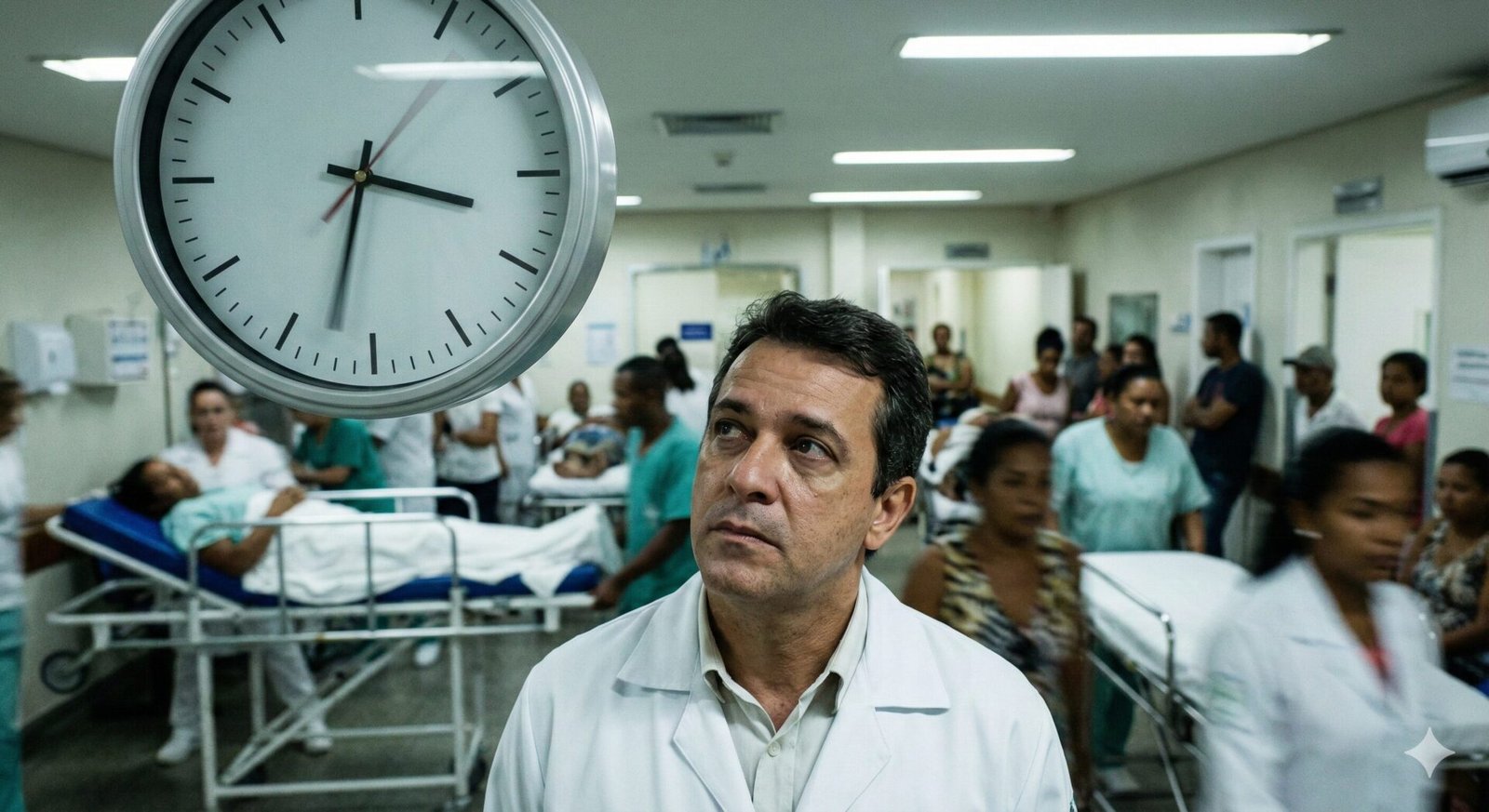 Médico brasileiro olhando para relógio de parede em ala de emergência, simbolizando o prazo de 24 horas de carência.