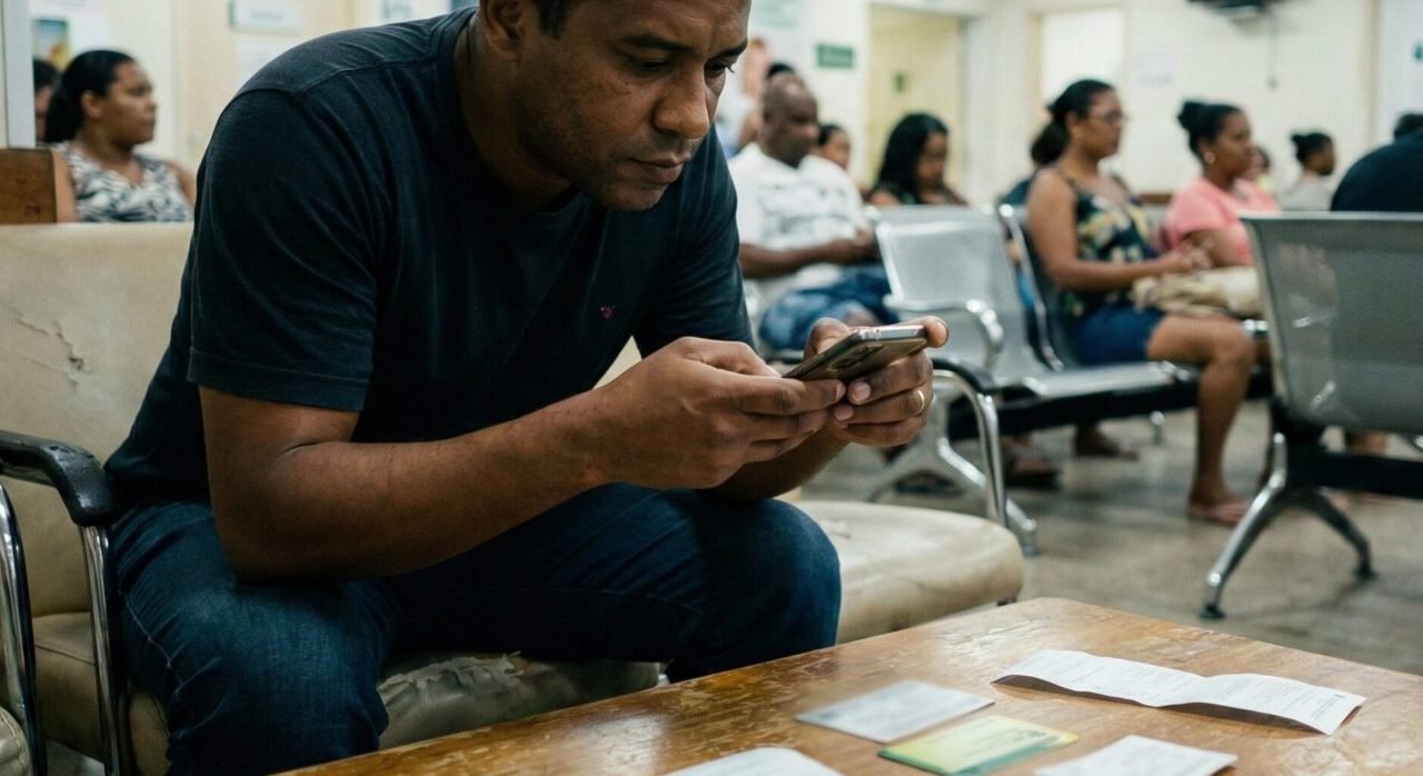 Família brasileira fotografando documentos e tela de celular no hospital para registrar negativa do plano.