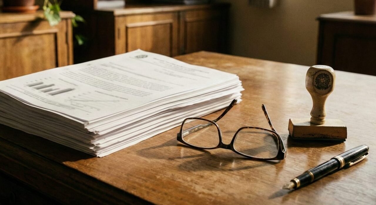 Mesa de trabalho com dossiê médico, óculos e carimbo em ambiente jurídico.