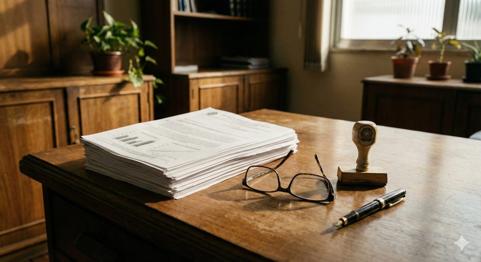 Mesa de trabalho com dossiê médico, óculos e carimbo em ambiente jurídico.