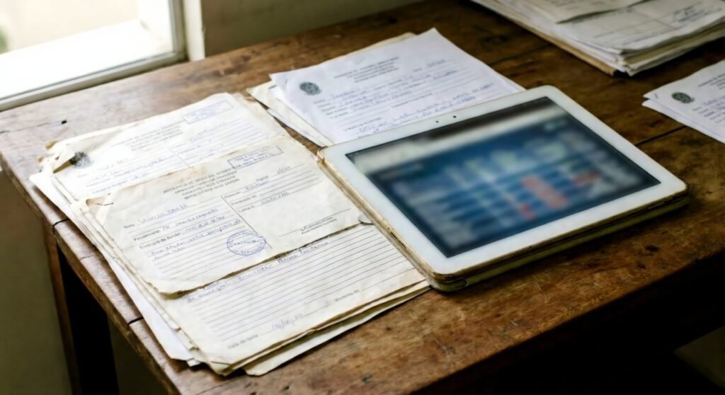Mesa com documentos médicos e um tablet com gráficos desfocados, sem texto legível