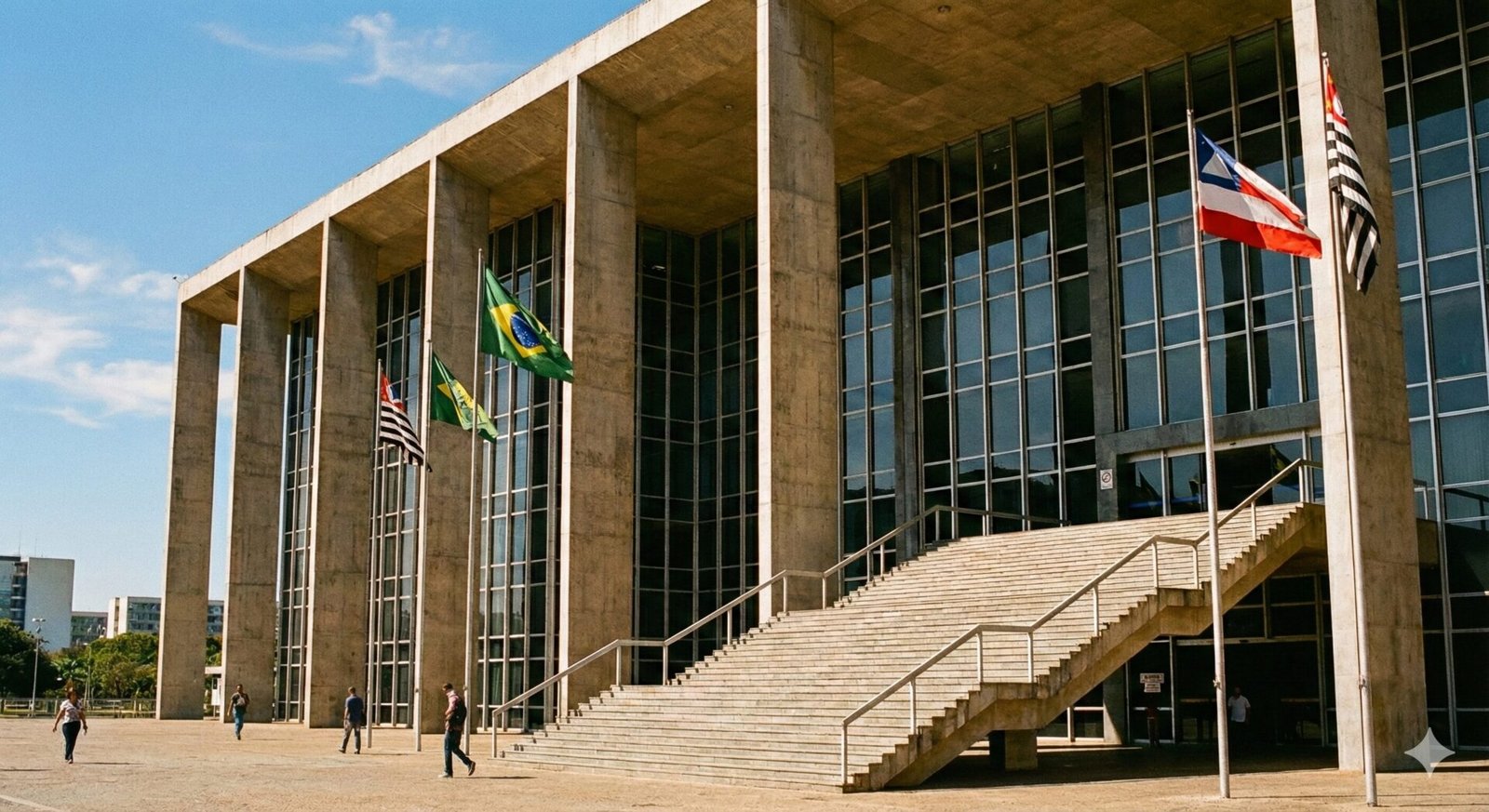 Fachada de prédio de tribunal no Brasil com bandeiras ao vento.