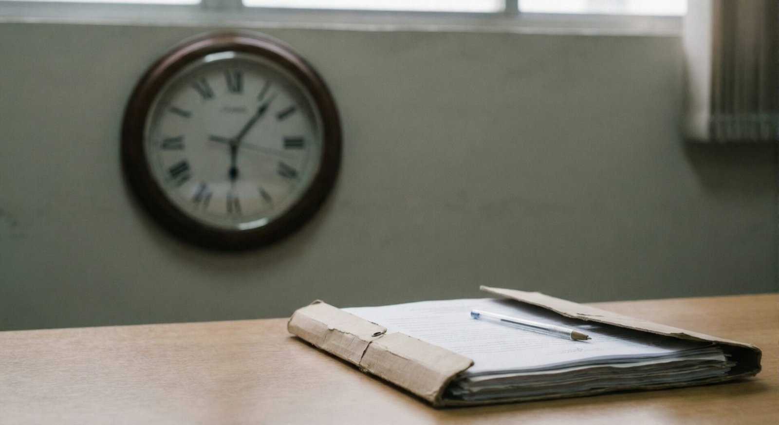Relógio de parede e pasta de documentos em mesa de escritório, sem textos