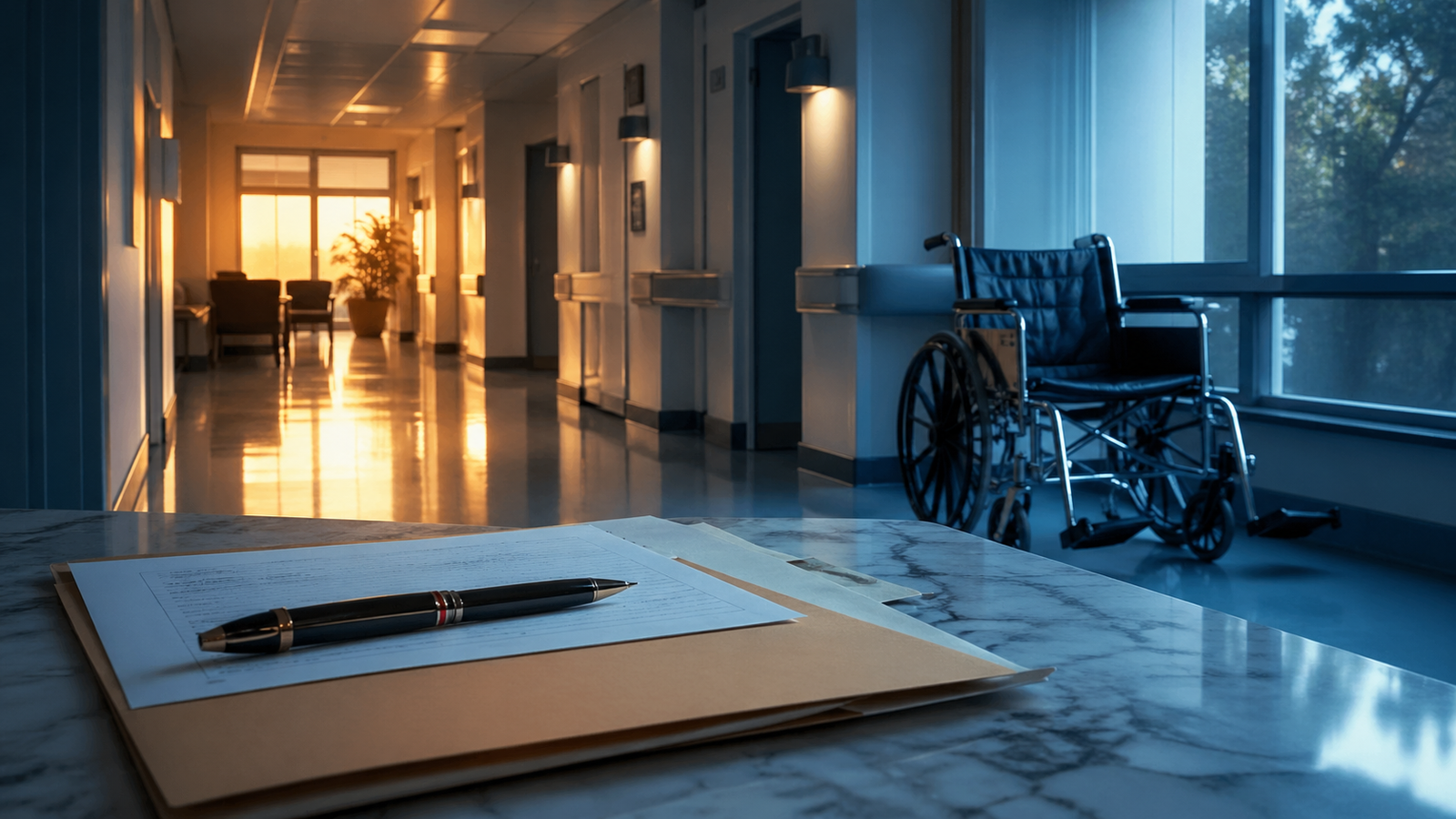 Corredor de hospital ao entardecer com cadeira de rodas vazia ao lado de janela e dossiê médico sobre mesa de mármore — negativa de cirurgia pelo plano de saúde