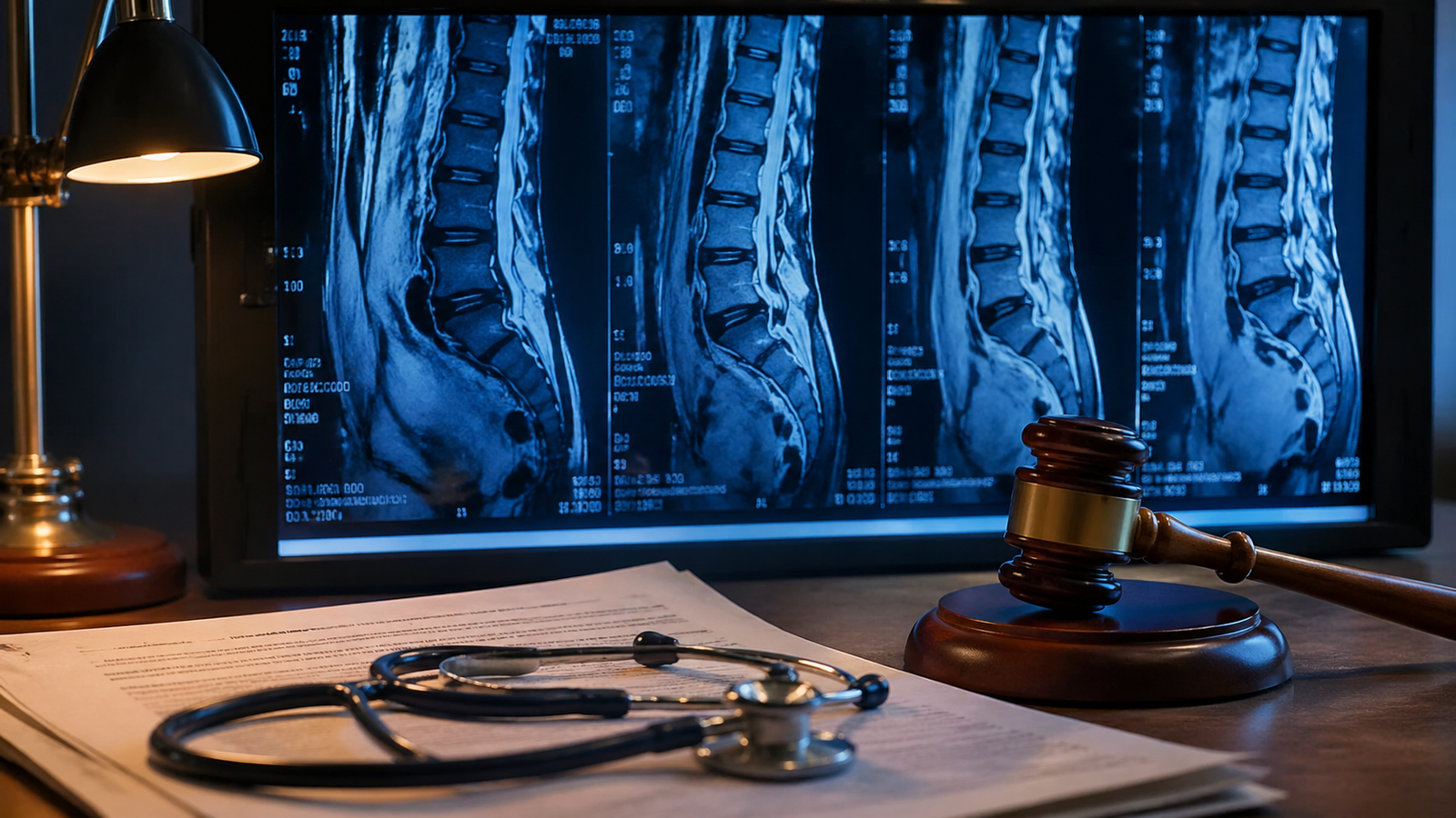 Ressonância magnética de coluna lombar em painel médico com estetoscópio sobre processos jurídicos e martelo — cobertura obrigatória de cirurgia de coluna pelo plano de saúde