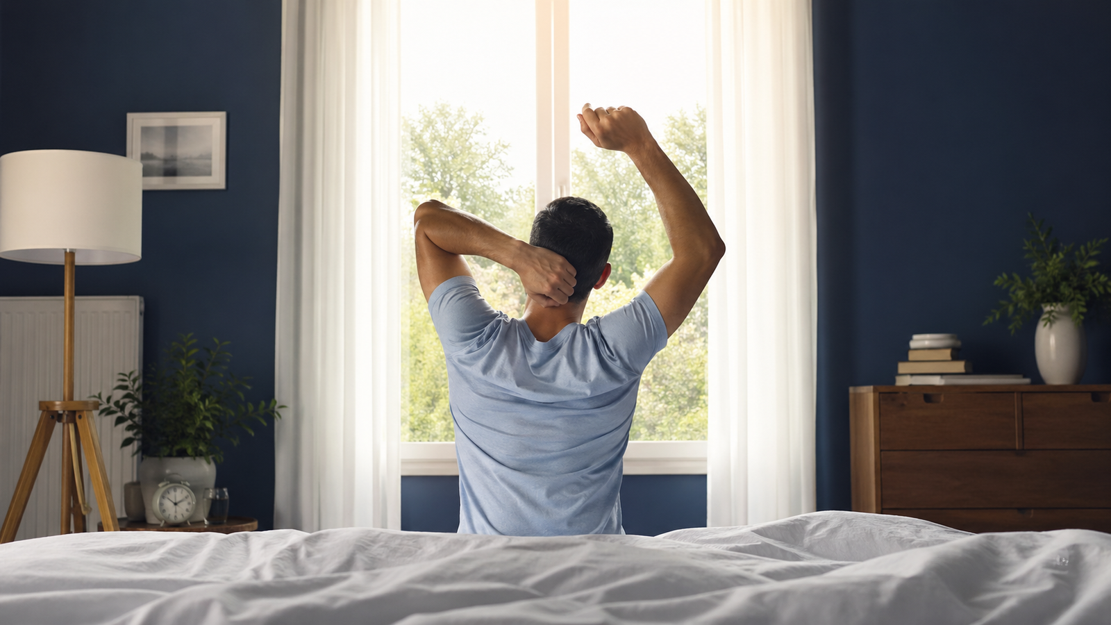 Pessoa de costas alongando suavemente as costas em luz matinal pela janela — recuperação pós-cirurgia de coluna minimamente invasiva